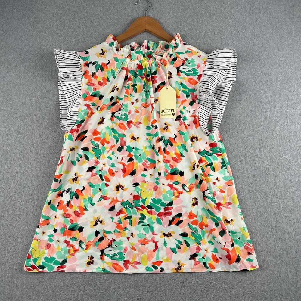 Jodifl Blouse Womens Large B9308 Multicolor Floral Ruffle Neck NEW
